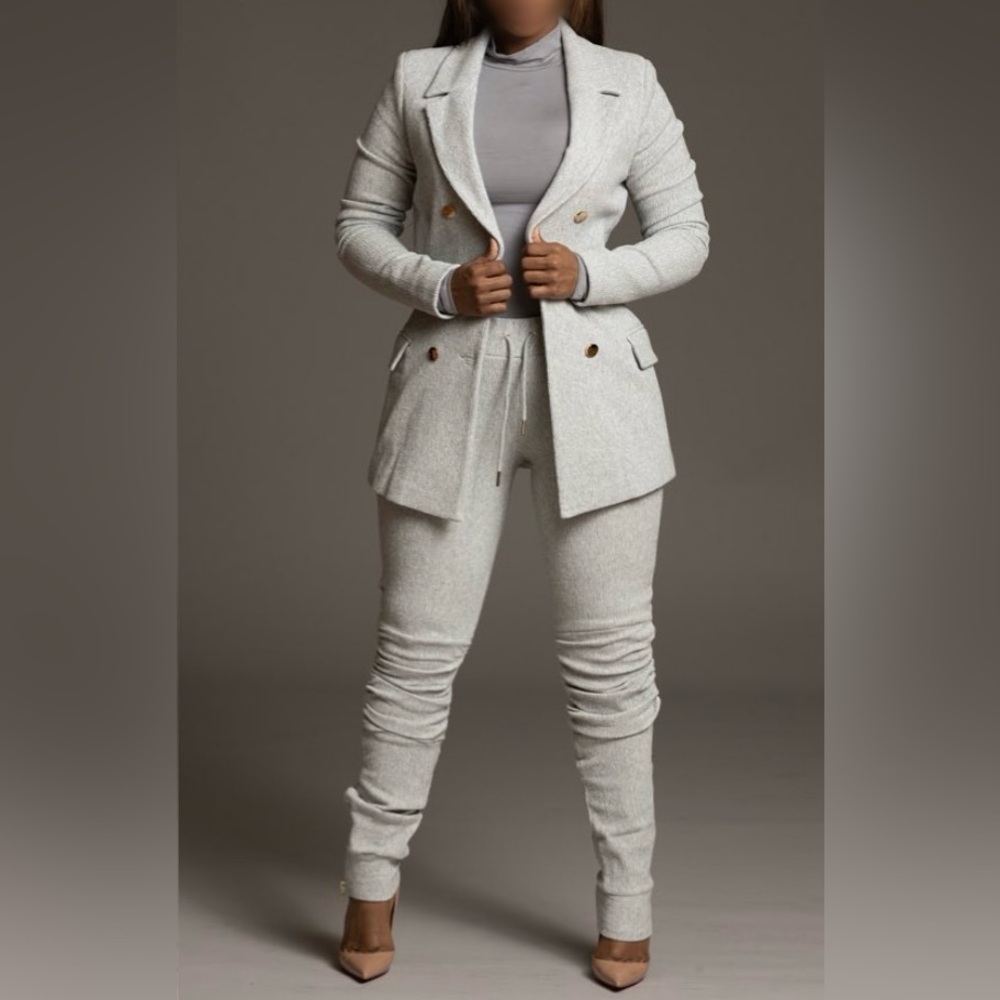 Irregular Exposure Gray Sweat Blazer and Pant Set